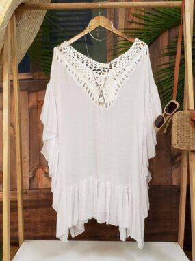 Crochet Tunic Cover Up White Cotton Gauzy Flowy Summer